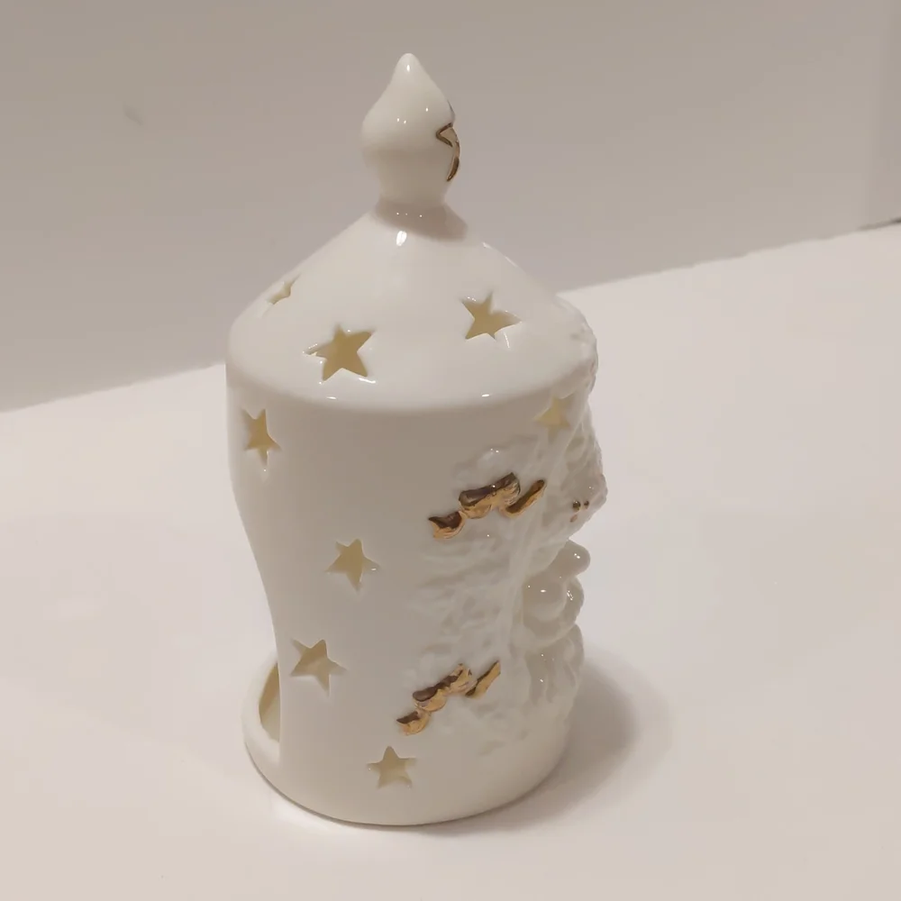 Vintage Candle Tea Lite Holder Santa Head White and Gold with cut out stars